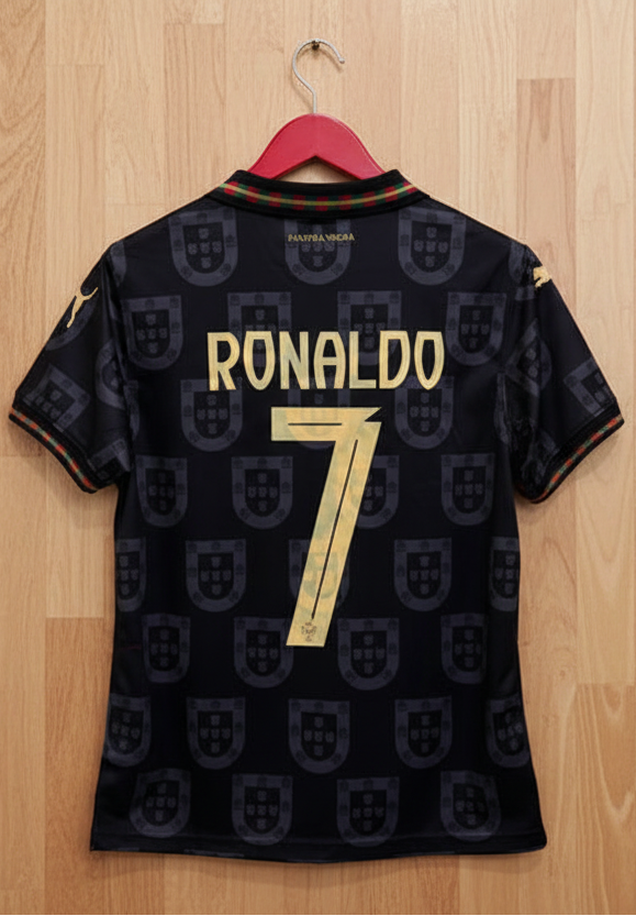 RONALDO 7 PORTUGAL BLACK SPECIAL EDITION SHIRT EMBROIDERED LOGOS